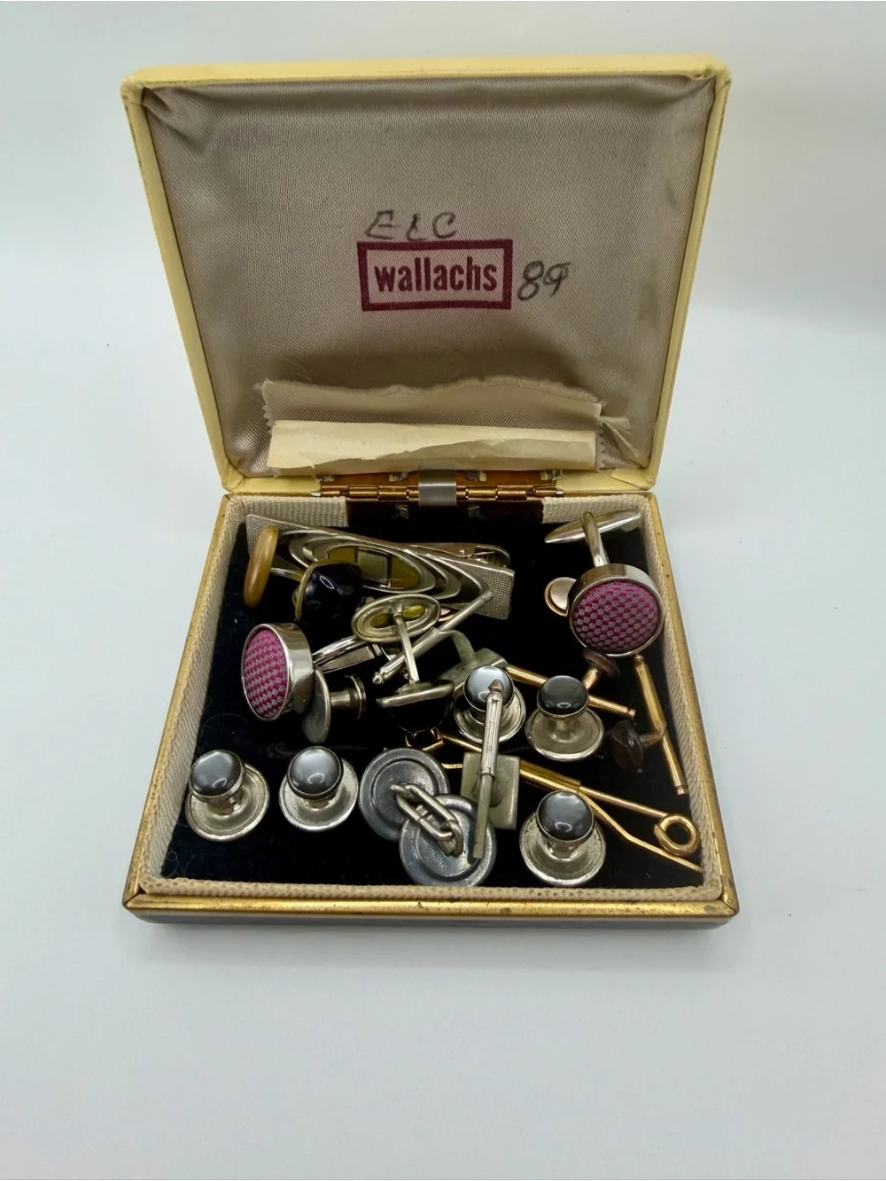Vintage Mens Cufflinks & Tie Clip Lot Mother of Pearl Tuxedo Studs, Wallachs Box